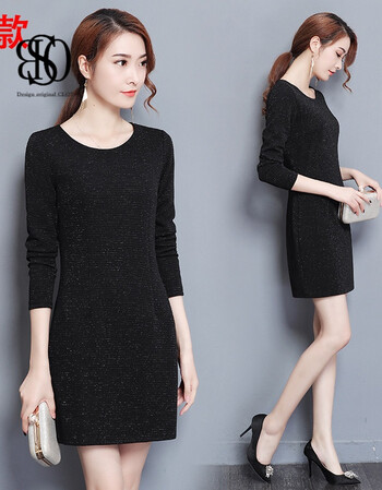 新款大码女装气质修身包臀银丝连衣裙胖显瘦遮肉打底裙 黑色【春款,不