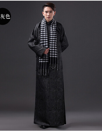 棉麻相声男长衫五四青年小品先生大褂演出服中式民国风学生装长袍 黑