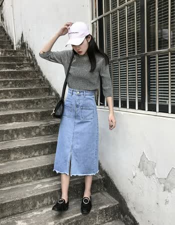 2018春夏女装韩版开叉高腰牛仔裙女中长款修身学生半身裙 深蓝色 s