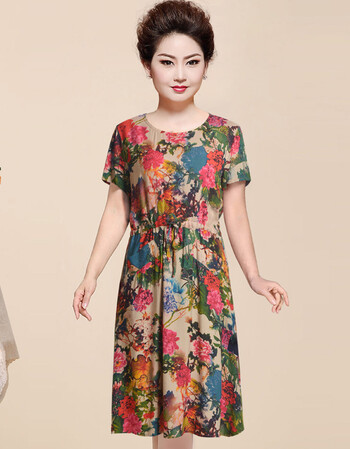 中老年人妈妈装夏装棉麻短袖连衣裙50-80岁老奶奶装绵绸碎花裙子 牡丹