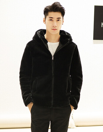男青年潮款冬款仿水貂皮草连帽整貂社会小伙貂绒外套棉服 黑色连帽款