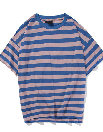 小清新圆领条纹短袖t恤夏季潮流百搭男生半袖体恤衫 蓝色 宽松 l