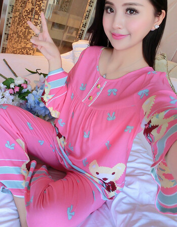 韩版春秋夏棉绸睡衣女长袖绵绸家居服人造棉甜美可爱薄款学生套装