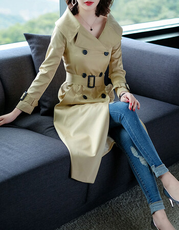 2018秋季新品轻熟气质一字领风衣长款纯色收腰外套 卡其色 xl