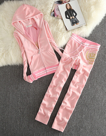 天鹅绒运动套装女休闲服春秋女装二件套洋气货源一件品牌同款 粉色