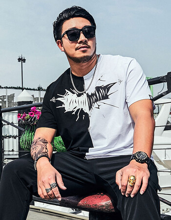 夏季大码男短袖恤潮胖胖子星球加肥加大宽松圆领撞色蝙蝠半袖恤 黑白