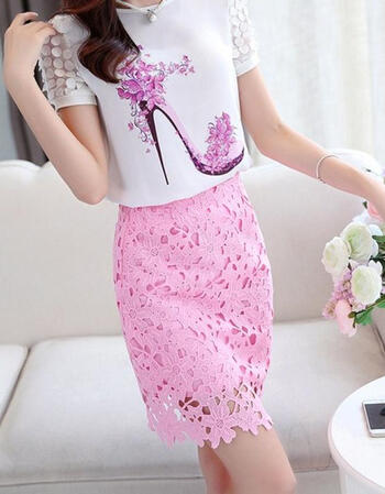 春季2016 女装修身高腰蕾丝镂空包臀半身短裙 粉红色 s