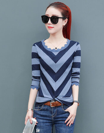 条纹t恤女长袖2018秋装新款修身韩版上衣服春秋季打底体恤衫 蓝色 s