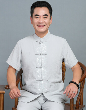 夏季中国风中老年棉麻短袖唐装男士亚麻套装夏季中式立领爸爸装 灰色