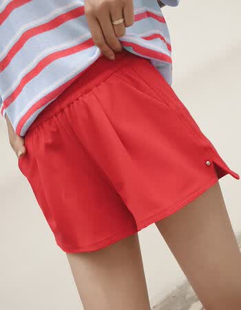 小谷粒红色休闲短裤女2018夏天新款韩版宽松学生百搭松紧腰大裤衩