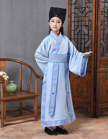 古代古装幼儿书童男童国学三字经弟子规演出表演服装 浅蓝色绣花优质