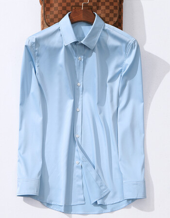 高端进口小贝春季白衬衫男修身长袖小领纯色休闲男士衬衣 浅蓝色 185