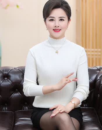 妈妈秋冬装针织打底衫40-50岁时尚百搭中年女半高领长袖气质毛衣 白色