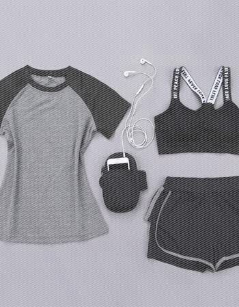套装女夏瑜伽服背心短罩网孔两件套健身跑步文胸 灰色短袖三件套 s