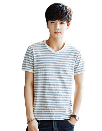 2018开春夏装男士v领条纹衫简约潮流短袖t恤阳光青年的衣裳小伙子