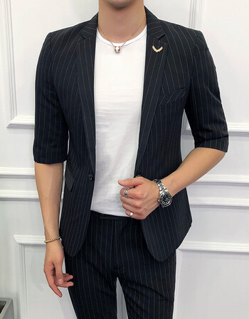 条纹七分袖休闲西服男韩版修身帅气小西装男英伦发型师短袖套装潮