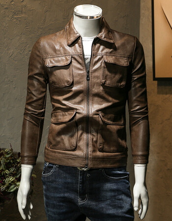 男士皮衣2018新款秋冬季帅气翻领修身韩版多口袋皮夹克纯色复古简单皮