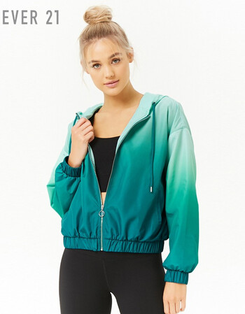 渐变连帽运动防风夹克外套女 青色 l