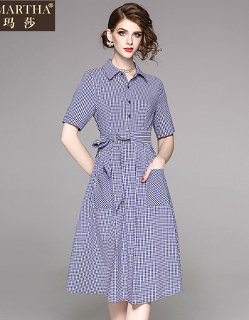 法玛莎品牌格纹裙子女夏装2018新款短袖polo领系带收腰连衣裙 蓝色 s