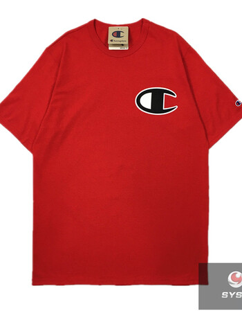 新款美版 champion 大c logo 贴布 珠光刺绣 男女情侣款 短袖t恤 红色