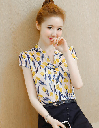 碎花雪纺衫短袖女装夏装韩都依舍2018新款遮肚子显瘦甜美蕾丝上衣洋气