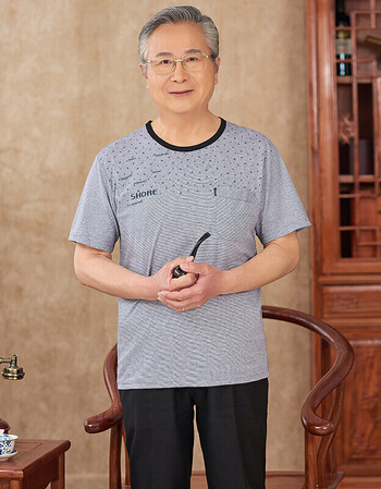 老人衣服男薄款老头汗衫中老年人男装体恤老人上衣爷爷夏装t恤衫 浅灰