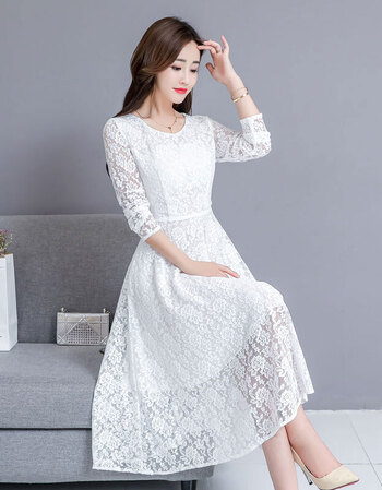 女2018秋新款韩版超仙收腰显瘦镂空蕾丝大摆连衣裙气质长裙潮 白色 m