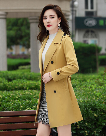 风衣女中长款韩版秋季新款女装薄款工装春秋装小个子外套 黄色 xxl