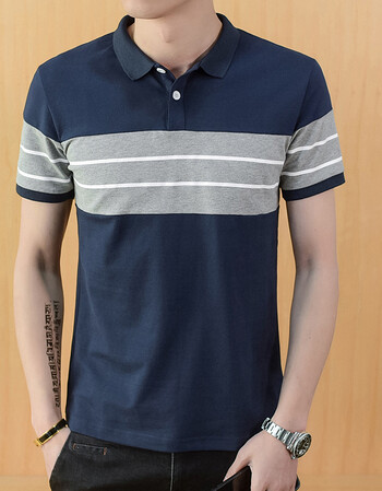 男士翻领t恤polo衫男短袖夏装衣服修身韩版衬衫带领体桖潮流 06藏青色