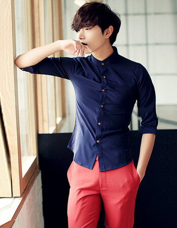 修身七分袖衬衣韩版短袖休闲立领中袖衬衫 蓝色 xl(180参考尺码表)