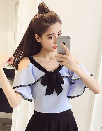 梵藜露两肩短袖雪纺衫女夏荷叶边露背一字领超仙甜美女士气质吊带上衣