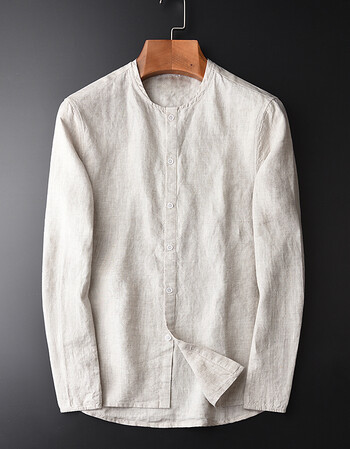 yangke 潮牌长袖亚麻衬衫男秋季新款男士麻料衬衣纯色圆领中国风上装