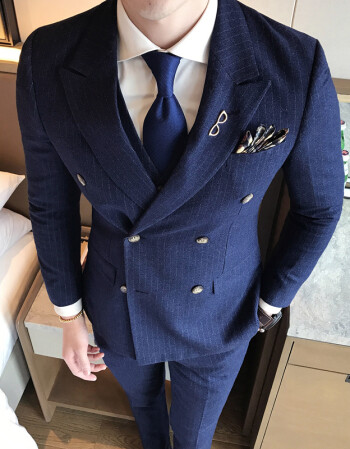 新郎伴郎西装英伦西服暗竖条纹气质修身男士双排扣西服9001/2 蓝色 52