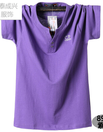 夏季潮胖男士特大纯棉肥佬加肥加大码v领短袖t恤宽松运动汗衫 紫色