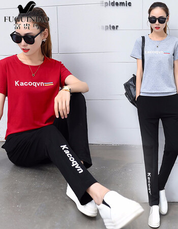 富贵鸟夏季新款女款休闲短袖长裤套装青年运动服女生百搭t恤长裤两件