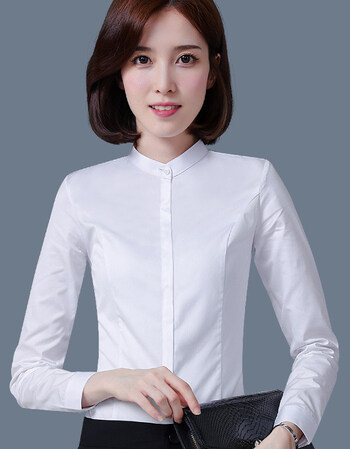 女长袖新款正装寸衫工装工作服打底白衬衣女职业 立领白色衬衫8632