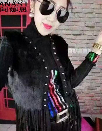 阿娜思2015拼接流苏马甲背心 黑色 均码