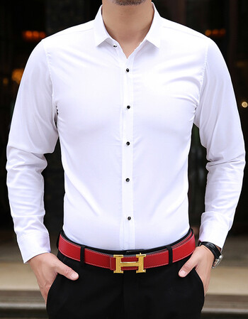 秋天中青年男式全棉长袖衬衫纯色商务休闲带领秋装修身纯棉寸衣男