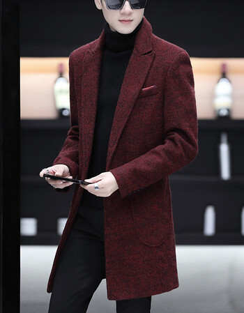 秋冬男士毛呢大衣韩版修身中长款风衣男装呢子外套男潮 酒红色 4xl