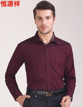 恒源祥酒红色暗条纹长袖衬衫纯棉男士厚款春秋装新款衬衣中年商务休闲