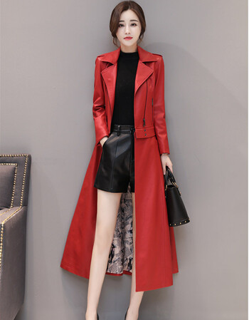 两穿皮衣女长款过膝显瘦春秋新款2018韩版修身可拆p皮夹克外套潮 红色