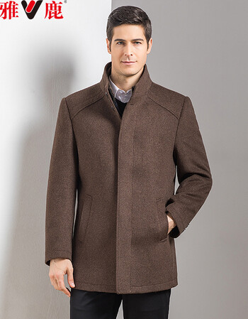 雅鹿秋冬季新款男士中年毛呢大衣中长款立领呢子大衣外套商务休闲单