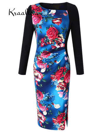 2018新款复古印花连衣裙褶皱改良旗袍修身显瘦开叉包臀中长裙 胡兰花