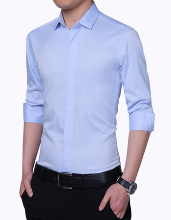 夏季免烫弹力衬衫男士长袖薄款修身西装韩版衬衣新郎伴郎结婚礼服 浅