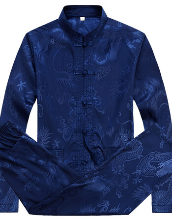 中老年唐装男士长袖套装立领爸爸装中国风中式大码衬衫外套 大龙蓝色