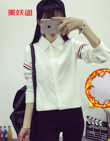 美妖阁     2016秋冬新款韩版衬衫女加绒加厚学院风学生打底衫 白色 M