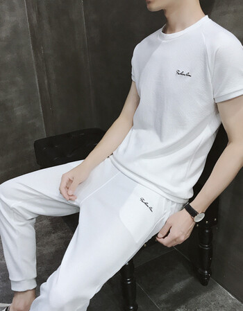 夏季男冰丝9分八分休闲小脚裤子韩版修身潮流百搭九分两件一套装 白衣