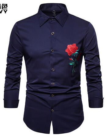 男士名族风玫瑰绣花翻领大码长袖衬衫 藏青色 s