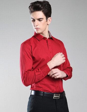en/衬衫男士长袖纯色条纹修身休闲男装商务衬衣ztoye4 tbc6-2 酒红色