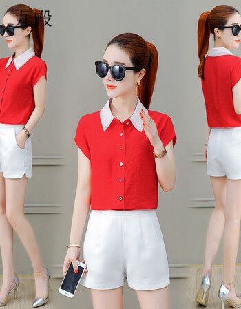 夏装百搭短袖衬衫翻领女士雪纺衫微胖遮肚显瘦上衣宽松休闲女 红色 xl